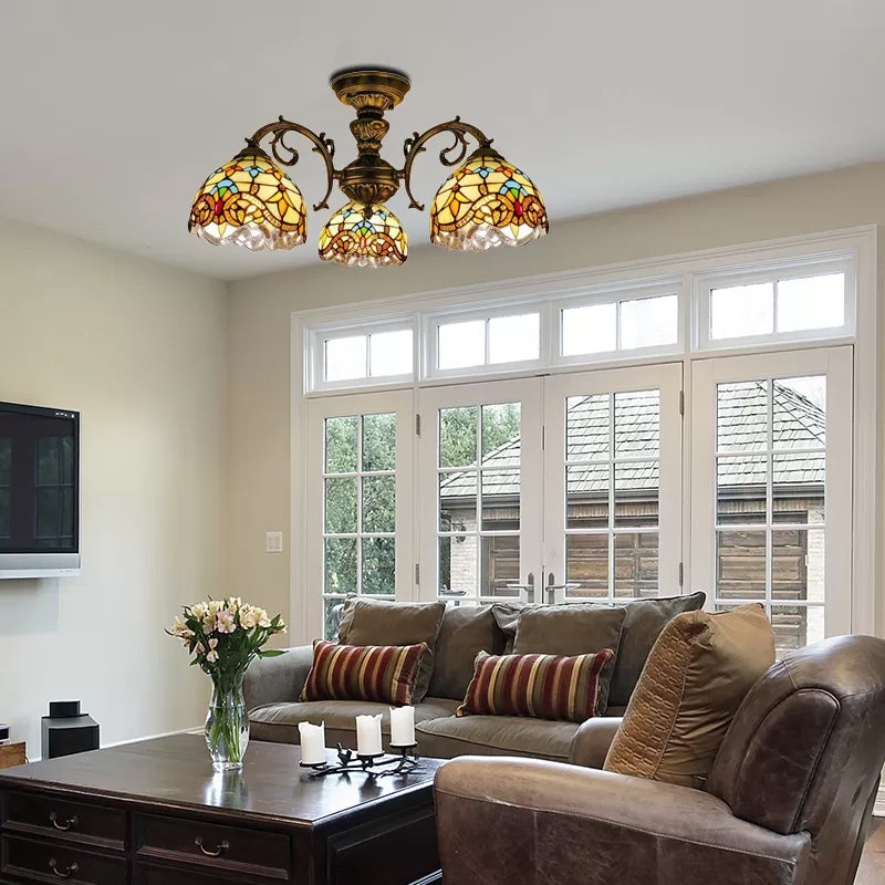 Ceiling Light for Living Room, Baroque Semi Flush Light in Aged Brass with Stained Glass Dome Shade 3 Beige Clearhalo 'Ceiling Lights' 'Close To Ceiling Lights' 'Close to ceiling' 'Glass shade' 'Glass' 'Semi-flushmount' 'Tiffany close to ceiling' 'Tiffany' Lighting' 2949
