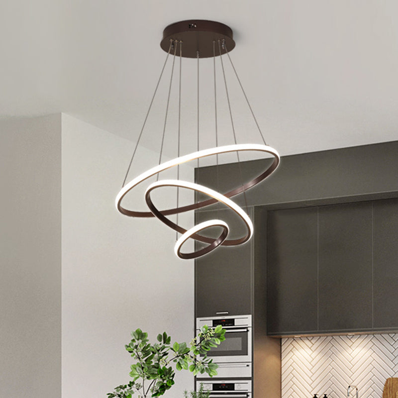 Acrylic Ring Pendant Light Simple Style Coffee Chandelier Lamp in Warm/White Light, 8"+16"/16"+23.5"/8"+16"+23.5" Wide Coffee 8"+16"+23.5" Clearhalo 'Ceiling Lights' 'Chandeliers' 'Modern Chandeliers' 'Modern' Lighting' 294960