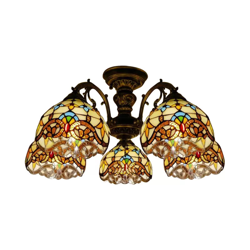 Ceiling Light for Living Room, Baroque Semi Flush Light in Aged Brass with Stained Glass Dome Shade Clearhalo 'Ceiling Lights' 'Close To Ceiling Lights' 'Close to ceiling' 'Glass shade' 'Glass' 'Semi-flushmount' 'Tiffany close to ceiling' 'Tiffany' Lighting' 2950