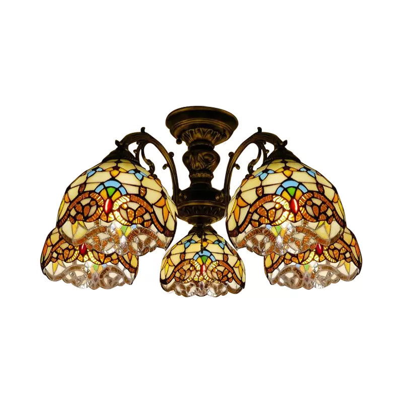 Ceiling Light for Living Room, Baroque Semi Flush Light in Aged Brass with Stained Glass Dome Shade Clearhalo 'Ceiling Lights' 'Close To Ceiling Lights' 'Close to ceiling' 'Glass shade' 'Glass' 'Semi-flushmount' 'Tiffany close to ceiling' 'Tiffany' Lighting' 2950