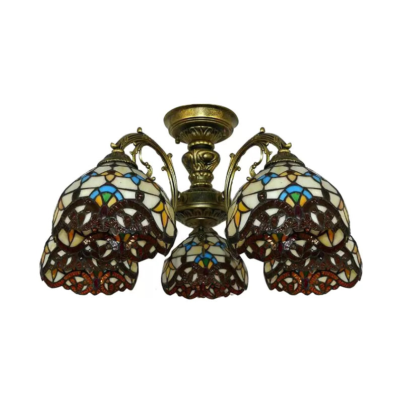 Ceiling Light for Living Room, Baroque Semi Flush Light in Aged Brass with Stained Glass Dome Shade Clearhalo 'Ceiling Lights' 'Close To Ceiling Lights' 'Close to ceiling' 'Glass shade' 'Glass' 'Semi-flushmount' 'Tiffany close to ceiling' 'Tiffany' Lighting' 2951