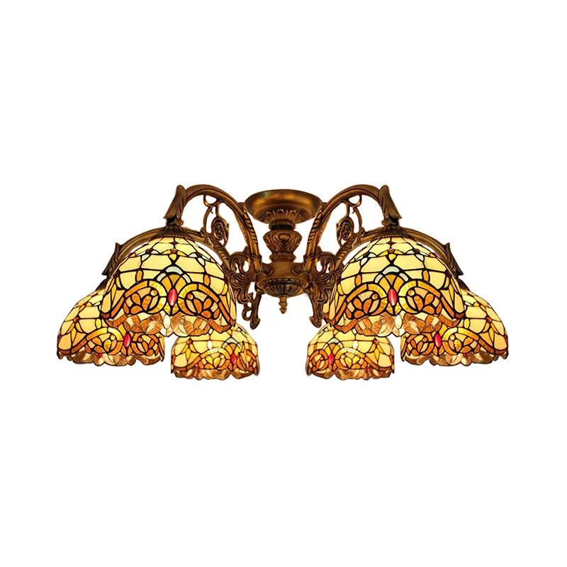 Ceiling Light for Living Room, Baroque Semi Flush Light in Aged Brass with Stained Glass Dome Shade Clearhalo 'Ceiling Lights' 'Close To Ceiling Lights' 'Close to ceiling' 'Glass shade' 'Glass' 'Semi-flushmount' 'Tiffany close to ceiling' 'Tiffany' Lighting' 2953