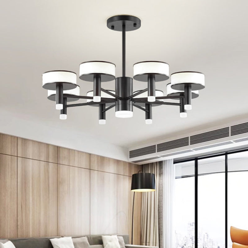 6/8 Lights Living Room LED Chandelier Modernist Black Hanging Lamp with Drum Acrylic Shade, 3 Color Light 8 Black Clearhalo 'Ceiling Lights' 'Chandeliers' 'Modern Chandeliers' 'Modern' Lighting' 295374