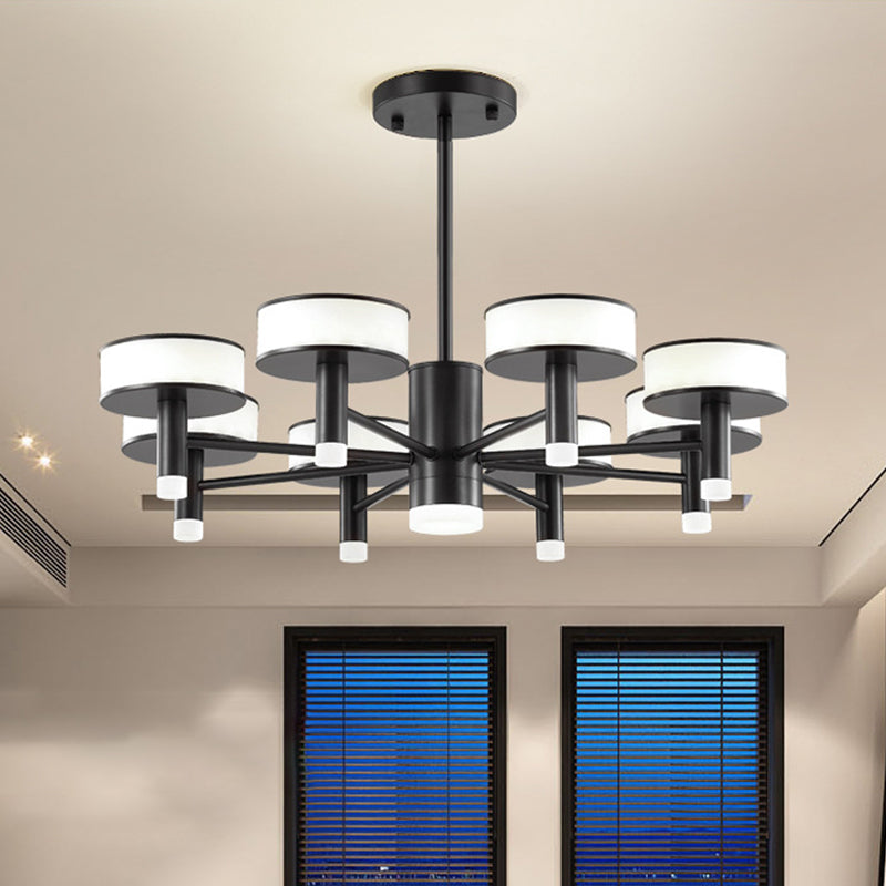 6/8 Lights Living Room LED Chandelier Modernist Black Hanging Lamp with Drum Acrylic Shade, 3 Color Light Clearhalo 'Ceiling Lights' 'Chandeliers' 'Modern Chandeliers' 'Modern' Lighting' 295375