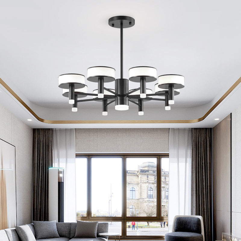6/8 Lights Living Room LED Chandelier Modernist Black Hanging Lamp with Drum Acrylic Shade, 3 Color Light Clearhalo 'Ceiling Lights' 'Chandeliers' 'Modern Chandeliers' 'Modern' Lighting' 295376