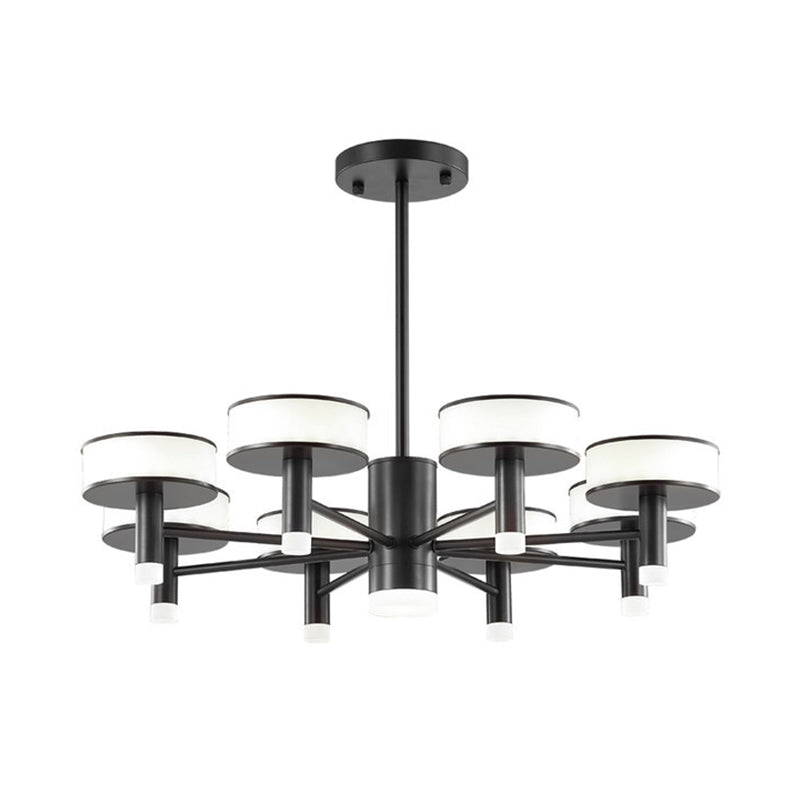 6/8 Lights Living Room LED Chandelier Modernist Black Hanging Lamp with Drum Acrylic Shade, 3 Color Light Clearhalo 'Ceiling Lights' 'Chandeliers' 'Modern Chandeliers' 'Modern' Lighting' 295377
