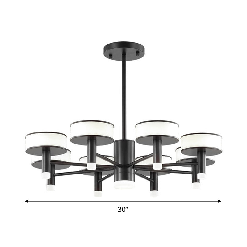 6/8 Lights Living Room LED Chandelier Modernist Black Hanging Lamp with Drum Acrylic Shade, 3 Color Light Clearhalo 'Ceiling Lights' 'Chandeliers' 'Modern Chandeliers' 'Modern' Lighting' 295378