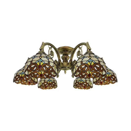 Ceiling Light for Living Room, Baroque Semi Flush Light in Aged Brass with Stained Glass Dome Shade Clearhalo 'Ceiling Lights' 'Close To Ceiling Lights' 'Close to ceiling' 'Glass shade' 'Glass' 'Semi-flushmount' 'Tiffany close to ceiling' 'Tiffany' Lighting' 2954