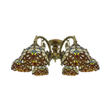 Ceiling Light for Living Room, Baroque Semi Flush Light in Aged Brass with Stained Glass Dome Shade Clearhalo 'Ceiling Lights' 'Close To Ceiling Lights' 'Close to ceiling' 'Glass shade' 'Glass' 'Semi-flushmount' 'Tiffany close to ceiling' 'Tiffany' Lighting' 2954