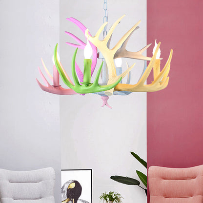 16"/23" Wide Antler Resin Chandelier Lighting Traditionary 4/6/8 Heads Living Room Pendant Lamp in Blue-Pink-Yellow 4 Blue-Pink-Yellow 16" Clearhalo 'Ceiling Lights' 'Chandeliers' Lighting' options 295507_718686b0-02a5-4e47-a799-1e5b897a9c7e