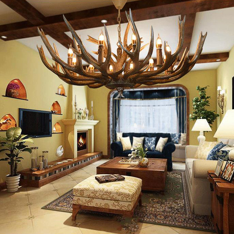 Branch Resin Pendant Chandelier Cottage 6/8/12 Heads Living Room Hanging Ceiling Light in Brown Clearhalo 'Ceiling Lights' 'Chandeliers' Lighting' options 295721