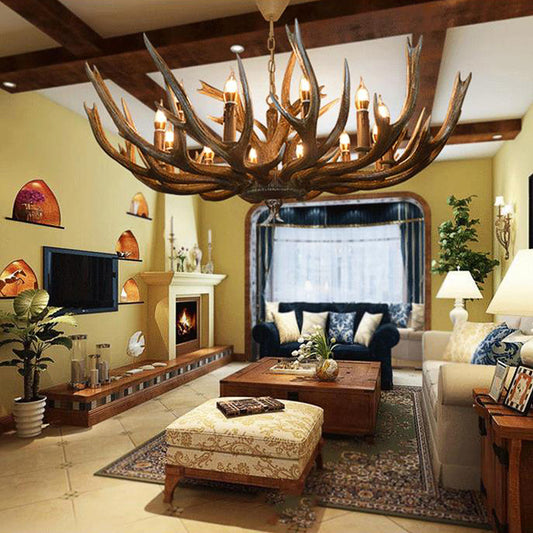 Branch Resin Pendant Chandelier Cottage 6/8/12 Heads Living Room Hanging Ceiling Light in Brown Clearhalo 'Ceiling Lights' 'Chandeliers' Lighting' options 295721