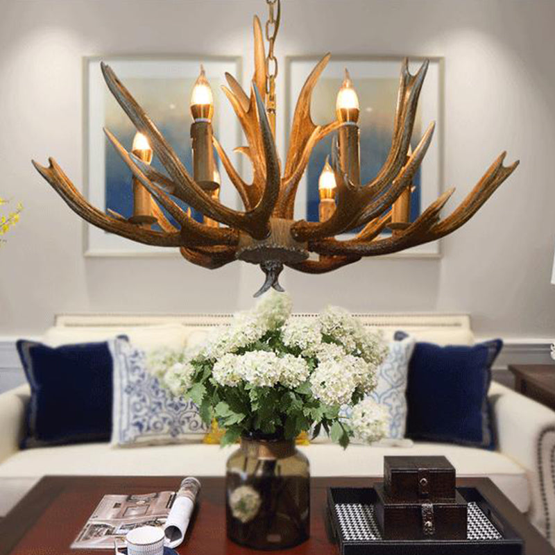 Branch Resin Pendant Chandelier Cottage 6/8/12 Heads Living Room Hanging Ceiling Light in Brown Clearhalo 'Ceiling Lights' 'Chandeliers' Lighting' options 295726