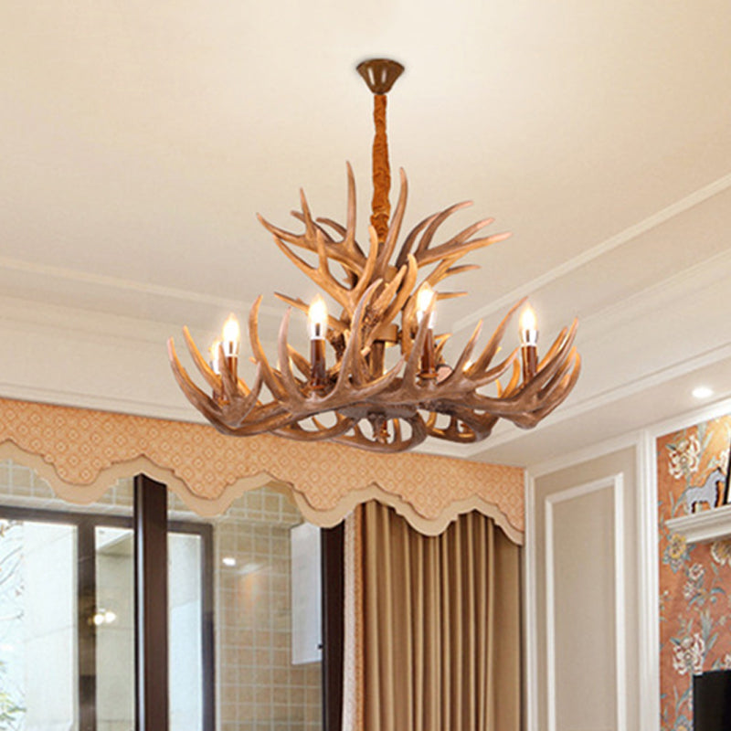 Rustic Deer Antler Chandelier Lamp 21.5"/25.5"/27.5" Wide 9/12 Heads Resin Ceiling Hanging Light in Brown for Living Room Clearhalo 'Ceiling Lights' 'Chandeliers' Lighting' options 295790