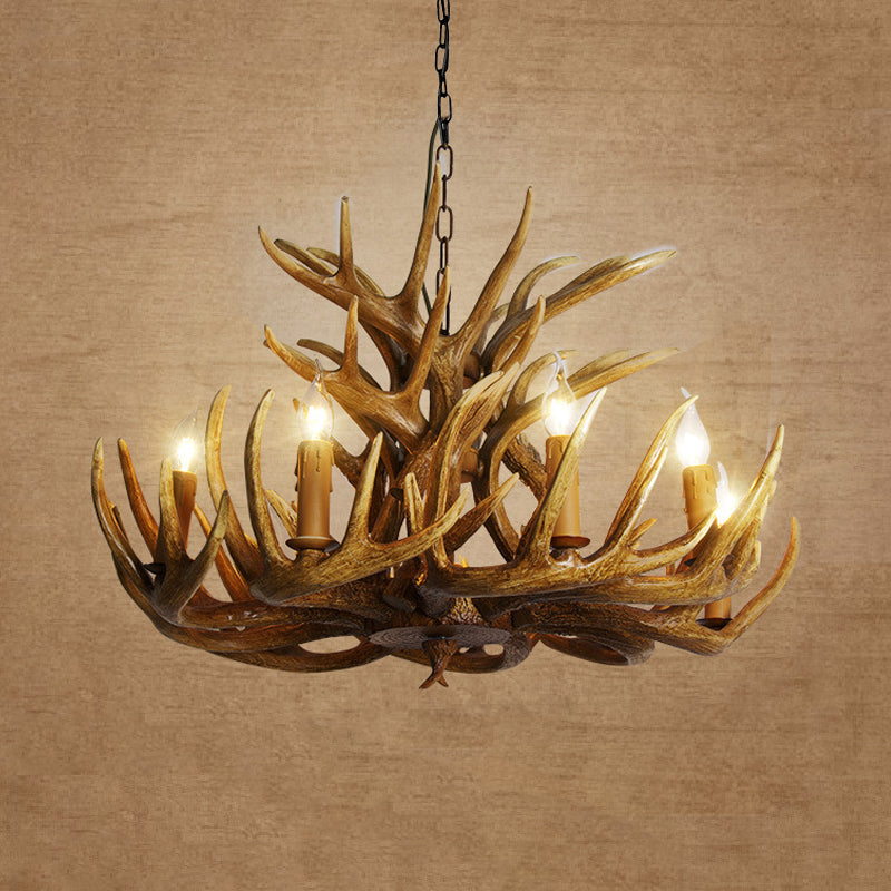 Rustic Deer Antler Chandelier Lamp 21.5"/25.5"/27.5" Wide 9/12 Heads Resin Ceiling Hanging Light in Brown for Living Room Clearhalo 'Ceiling Lights' 'Chandeliers' Lighting' options 295792