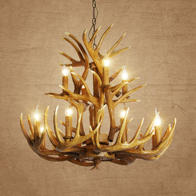Rustic Deer Antler Chandelier Lamp 21.5"/25.5"/27.5" Wide 9/12 Heads Resin Ceiling Hanging Light in Brown for Living Room Clearhalo 'Ceiling Lights' 'Chandeliers' Lighting' options 295794
