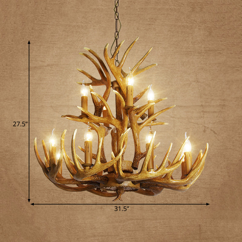 Rustic Deer Antler Chandelier Lamp 21.5"/25.5"/27.5" Wide 9/12 Heads Resin Ceiling Hanging Light in Brown for Living Room Clearhalo 'Ceiling Lights' 'Chandeliers' Lighting' options 295795