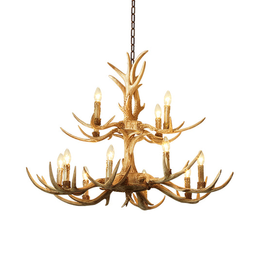 12 Heads Chandelier Lighting Farmhouse 2-Tier Resin Hanging Ceiling Lamp in Brown for Living Room Clearhalo 'Ceiling Lights' 'Chandeliers' Lighting' options 295798