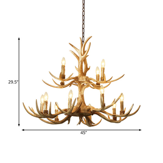 12 Heads Chandelier Lighting Farmhouse 2-Tier Resin Hanging Ceiling Lamp in Brown for Living Room Clearhalo 'Ceiling Lights' 'Chandeliers' Lighting' options 295799