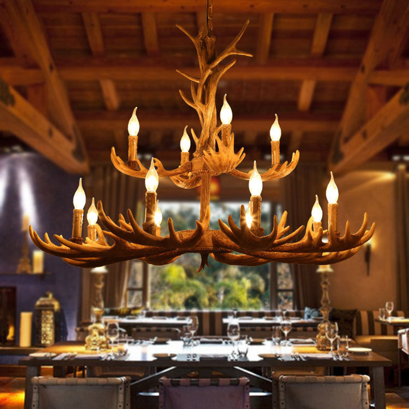 Deer Antler Resin Pendant Chandelier Rustic 12 Bulbs Living Room Suspension Hanging Light in Brown Clearhalo 'Ceiling Lights' 'Chandeliers' Lighting' options 295801