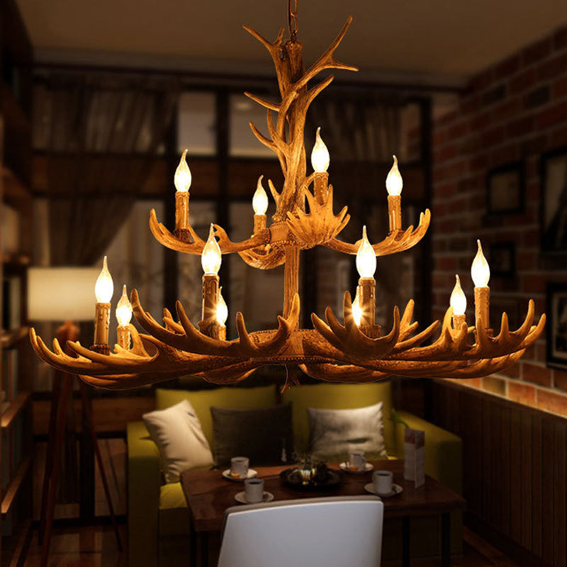 Deer Antler Resin Pendant Chandelier Rustic 12 Bulbs Living Room Suspension Hanging Light in Brown Clearhalo 'Ceiling Lights' 'Chandeliers' Lighting' options 295802
