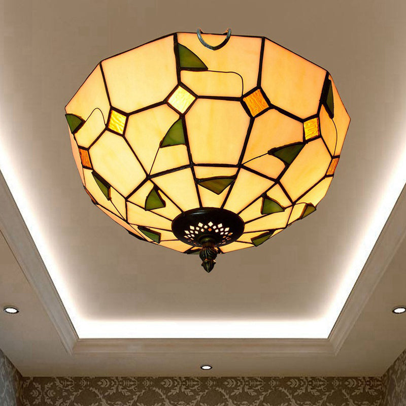 12"/16" W White Dome Ceiling Lamp Tiffany 2/3 Bulbs Multicolored Stained Glass Flush Mount Lighting Clearhalo 'Ceiling Lights' 'Close To Ceiling Lights' 'Close to ceiling' 'Flush mount' Lighting' 295807