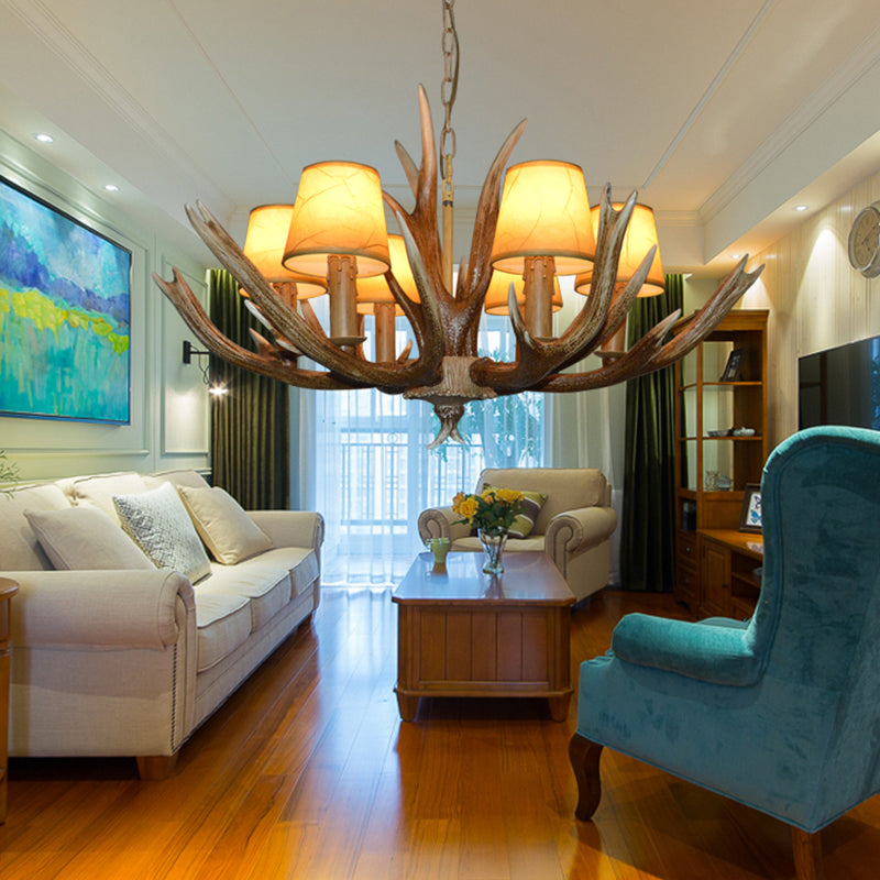 Resin Brown Ceiling Chandelier Branch 4/6/8 Bulbs Traditional Pendant Light Fixture with Beige Cone Fabric Shade 6 Brown Clearhalo 'Ceiling Lights' 'Chandeliers' Lighting' options 295814_72db3fd3-3c04-4c14-9b46-8fcf32ebaf07