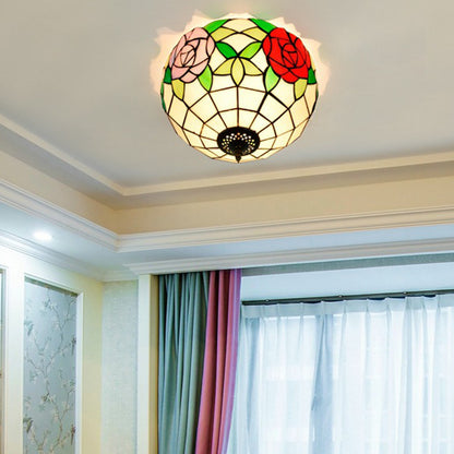Stained Glass Floral Ceiling Fixture Tiffany 2 Lights Brass Flush Mount Light for Bedroom Brass B Clearhalo 'Ceiling Lights' 'Close To Ceiling Lights' 'Close to ceiling' 'Flush mount' Lighting' 295855
