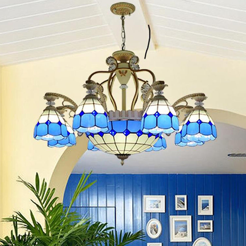 Cut Glass Orange/Blue/Dark Blue Hanging Chandelier Domed 8/11 Lights Tiffany Style Pendant Light Kit, 31.5"/37.5" Wide Blue 37.5" Clearhalo 'Ceiling Lights' 'Chandeliers' 'Close To Ceiling Lights' 'Industrial' 'Middle Century Chandeliers' 'Tiffany Chandeliers' 'Tiffany close to ceiling' 'Tiffany' Lighting' 295877