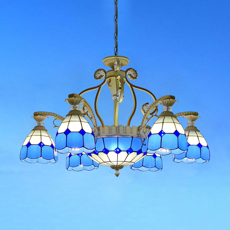 Cut Glass Orange/Blue/Dark Blue Hanging Chandelier Domed 8/11 Lights Tiffany Style Pendant Light Kit, 31.5"/37.5" Wide Clearhalo 'Ceiling Lights' 'Chandeliers' 'Close To Ceiling Lights' 'Industrial' 'Middle Century Chandeliers' 'Tiffany Chandeliers' 'Tiffany close to ceiling' 'Tiffany' Lighting' 295880