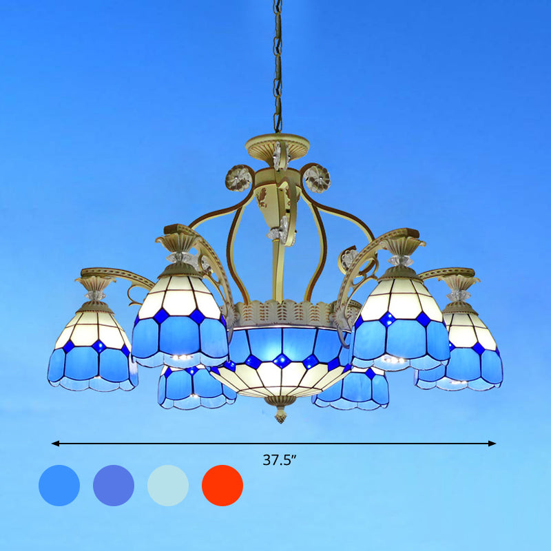 Cut Glass Orange/Blue/Dark Blue Hanging Chandelier Domed 8/11 Lights Tiffany Style Pendant Light Kit, 31.5"/37.5" Wide Clearhalo 'Ceiling Lights' 'Chandeliers' 'Close To Ceiling Lights' 'Industrial' 'Middle Century Chandeliers' 'Tiffany Chandeliers' 'Tiffany close to ceiling' 'Tiffany' Lighting' 295881