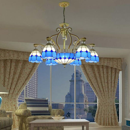 Cut Glass Orange/Blue/Dark Blue Hanging Chandelier Domed 8/11 Lights Tiffany Style Pendant Light Kit, 31.5"/37.5" Wide Blue 31.5" Clearhalo 'Ceiling Lights' 'Chandeliers' 'Close To Ceiling Lights' 'Industrial' 'Middle Century Chandeliers' 'Tiffany Chandeliers' 'Tiffany close to ceiling' 'Tiffany' Lighting' 295882