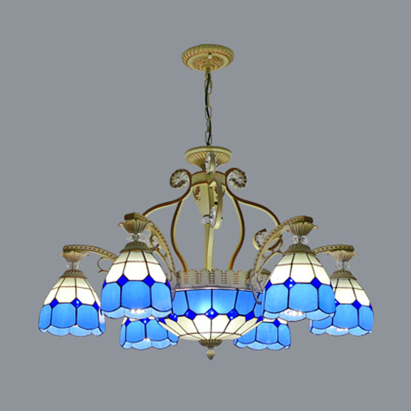 Cut Glass Orange/Blue/Dark Blue Hanging Chandelier Domed 8/11 Lights Tiffany Style Pendant Light Kit, 31.5"/37.5" Wide Clearhalo 'Ceiling Lights' 'Chandeliers' 'Close To Ceiling Lights' 'Industrial' 'Middle Century Chandeliers' 'Tiffany Chandeliers' 'Tiffany close to ceiling' 'Tiffany' Lighting' 295883