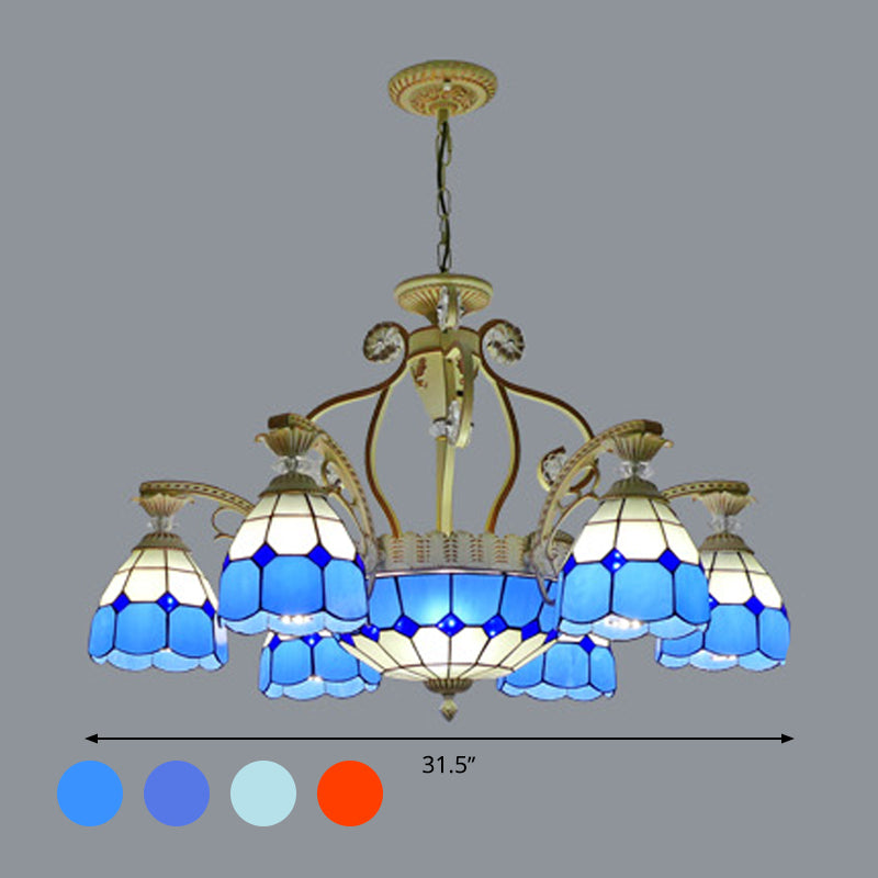 Cut Glass Orange/Blue/Dark Blue Hanging Chandelier Domed 8/11 Lights Tiffany Style Pendant Light Kit, 31.5"/37.5" Wide Clearhalo 'Ceiling Lights' 'Chandeliers' 'Close To Ceiling Lights' 'Industrial' 'Middle Century Chandeliers' 'Tiffany Chandeliers' 'Tiffany close to ceiling' 'Tiffany' Lighting' 295884