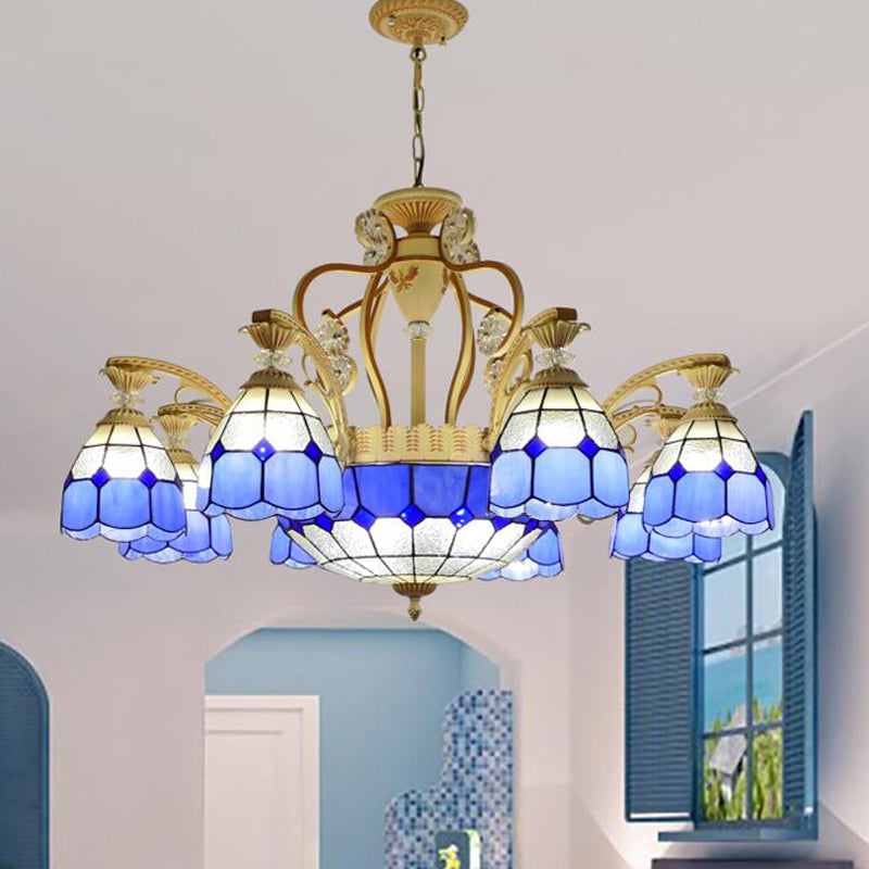 Cut Glass Orange/Blue/Dark Blue Hanging Chandelier Domed 8/11 Lights Tiffany Style Pendant Light Kit, 31.5"/37.5" Wide Dark Blue 37.5" Clearhalo 'Ceiling Lights' 'Chandeliers' 'Close To Ceiling Lights' 'Industrial' 'Middle Century Chandeliers' 'Tiffany Chandeliers' 'Tiffany close to ceiling' 'Tiffany' Lighting' 295885