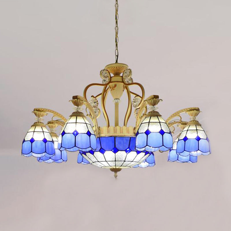 Cut Glass Orange/Blue/Dark Blue Hanging Chandelier Domed 8/11 Lights Tiffany Style Pendant Light Kit, 31.5"/37.5" Wide Clearhalo 'Ceiling Lights' 'Chandeliers' 'Close To Ceiling Lights' 'Industrial' 'Middle Century Chandeliers' 'Tiffany Chandeliers' 'Tiffany close to ceiling' 'Tiffany' Lighting' 295887