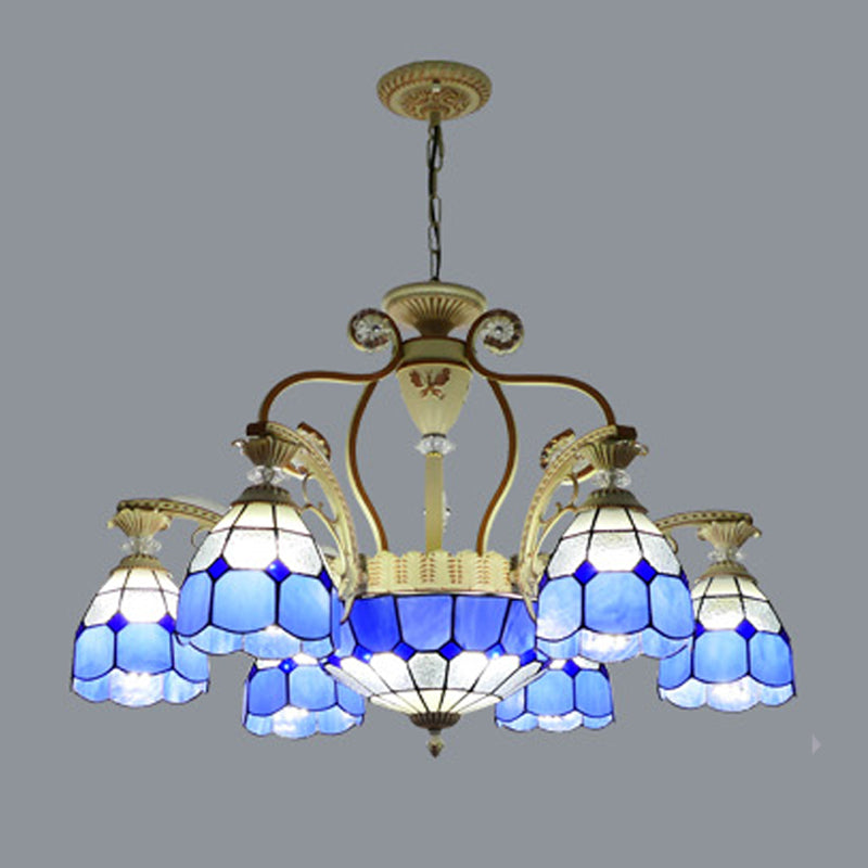 Cut Glass Orange/Blue/Dark Blue Hanging Chandelier Domed 8/11 Lights Tiffany Style Pendant Light Kit, 31.5"/37.5" Wide Dark Blue 31.5" Clearhalo 'Ceiling Lights' 'Chandeliers' 'Close To Ceiling Lights' 'Industrial' 'Middle Century Chandeliers' 'Tiffany Chandeliers' 'Tiffany close to ceiling' 'Tiffany' Lighting' 295888