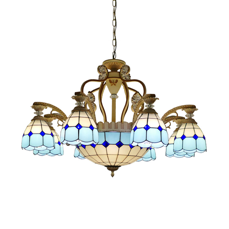 Cut Glass Orange/Blue/Dark Blue Hanging Chandelier Domed 8/11 Lights Tiffany Style Pendant Light Kit, 31.5"/37.5" Wide Clearhalo 'Ceiling Lights' 'Chandeliers' 'Close To Ceiling Lights' 'Industrial' 'Middle Century Chandeliers' 'Tiffany Chandeliers' 'Tiffany close to ceiling' 'Tiffany' Lighting' 295893