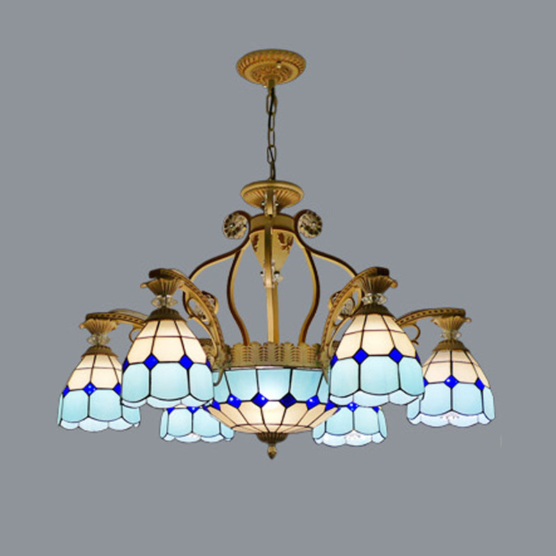 Cut Glass Orange/Blue/Dark Blue Hanging Chandelier Domed 8/11 Lights Tiffany Style Pendant Light Kit, 31.5"/37.5" Wide Clearhalo 'Ceiling Lights' 'Chandeliers' 'Close To Ceiling Lights' 'Industrial' 'Middle Century Chandeliers' 'Tiffany Chandeliers' 'Tiffany close to ceiling' 'Tiffany' Lighting' 295895