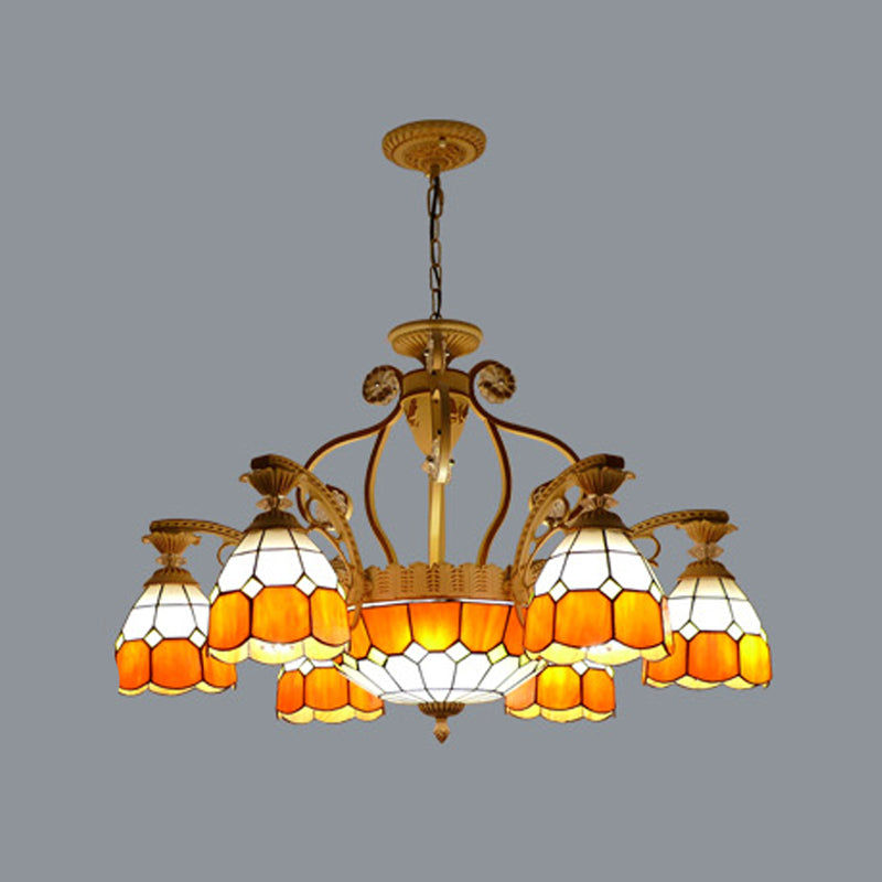 Cut Glass Orange/Blue/Dark Blue Hanging Chandelier Domed 8/11 Lights Tiffany Style Pendant Light Kit, 31.5"/37.5" Wide Clearhalo 'Ceiling Lights' 'Chandeliers' 'Close To Ceiling Lights' 'Industrial' 'Middle Century Chandeliers' 'Tiffany Chandeliers' 'Tiffany close to ceiling' 'Tiffany' Lighting' 295899