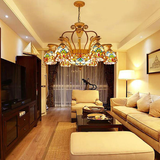 8/11 Lights Living Room Ceiling Chandelier Mediterranean Brown Pendant Lamp with Flower Stained Glass Shade 11 Brown Clearhalo 'Ceiling Lights' 'Chandeliers' 'Industrial' 'Middle Century Chandeliers' 'Tiffany Chandeliers' 'Tiffany close to ceiling' 'Tiffany' Lighting' 295931