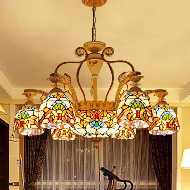 8/11 Lights Living Room Ceiling Chandelier Mediterranean Brown Pendant Lamp with Flower Stained Glass Shade Clearhalo 'Ceiling Lights' 'Chandeliers' 'Industrial' 'Middle Century Chandeliers' 'Tiffany Chandeliers' 'Tiffany close to ceiling' 'Tiffany' Lighting' 295932