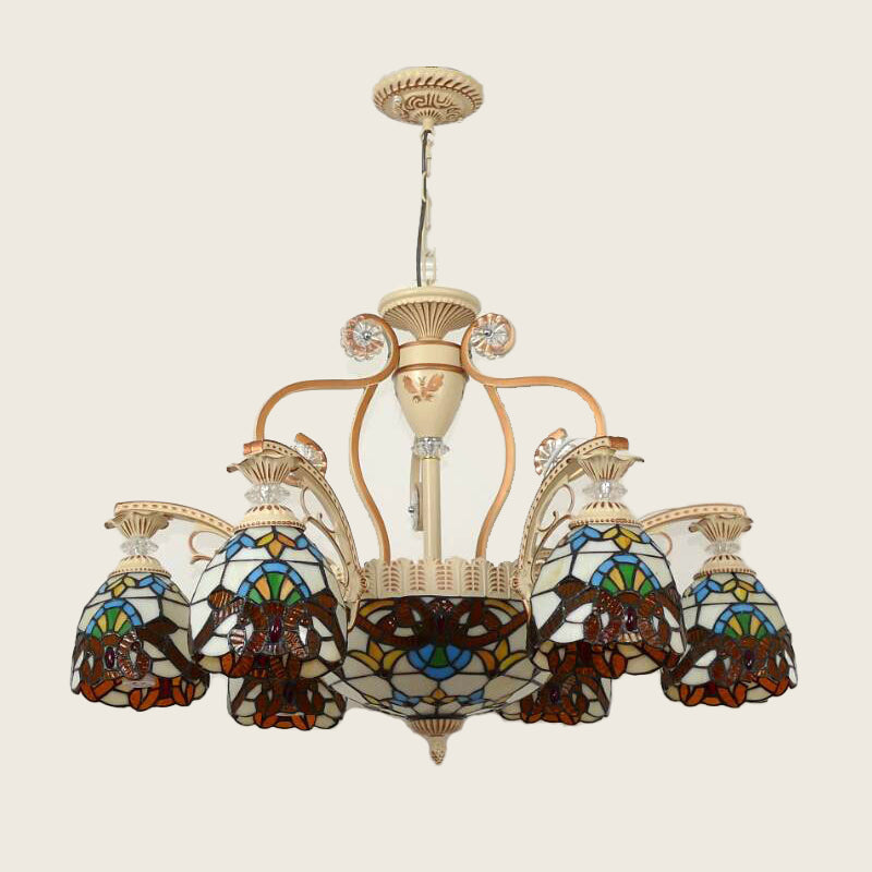 8/11 Lights Living Room Ceiling Chandelier Mediterranean Brown Pendant Lamp with Flower Stained Glass Shade Clearhalo 'Ceiling Lights' 'Chandeliers' 'Industrial' 'Middle Century Chandeliers' 'Tiffany Chandeliers' 'Tiffany close to ceiling' 'Tiffany' Lighting' 295933