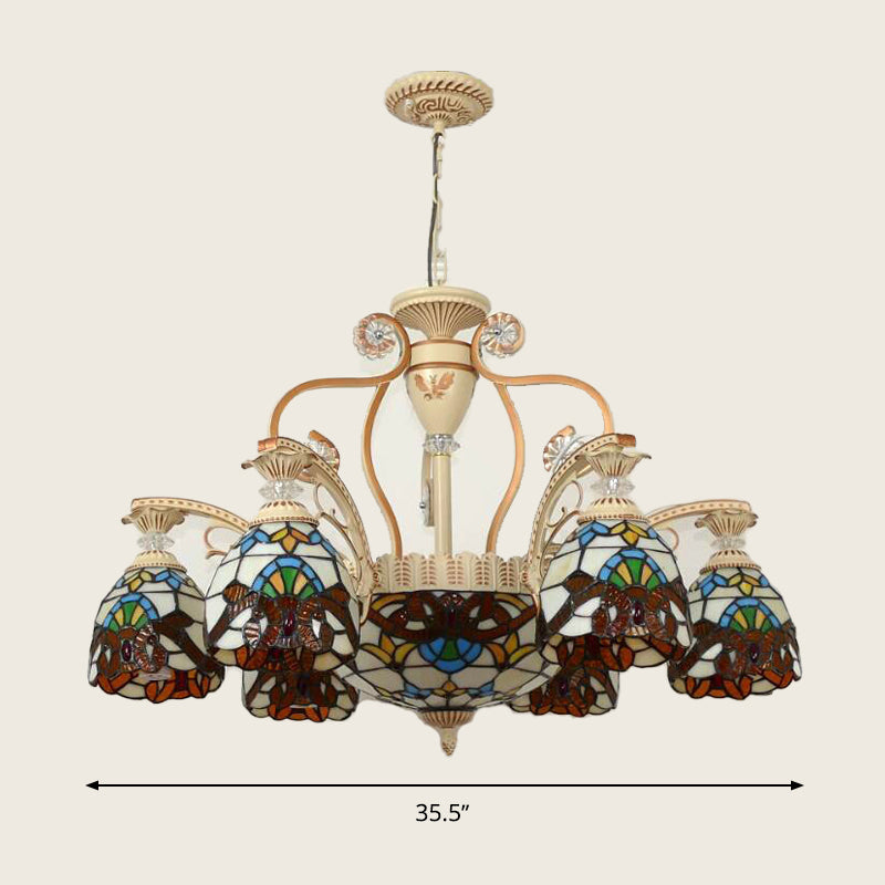 8/11 Lights Living Room Ceiling Chandelier Mediterranean Brown Pendant Lamp with Flower Stained Glass Shade Clearhalo 'Ceiling Lights' 'Chandeliers' 'Industrial' 'Middle Century Chandeliers' 'Tiffany Chandeliers' 'Tiffany close to ceiling' 'Tiffany' Lighting' 295934
