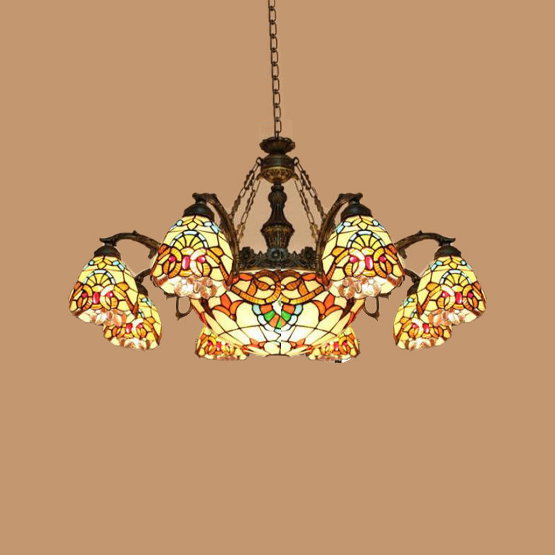 8/11 Lights Living Room Ceiling Chandelier Mediterranean Brown Pendant Lamp with Flower Stained Glass Shade 8 Brown Clearhalo 'Ceiling Lights' 'Chandeliers' 'Industrial' 'Middle Century Chandeliers' 'Tiffany Chandeliers' 'Tiffany close to ceiling' 'Tiffany' Lighting' 295936