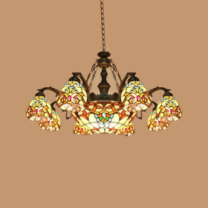 8/11 Lights Living Room Ceiling Chandelier Mediterranean Brown Pendant Lamp with Flower Stained Glass Shade 8 Brown Clearhalo 'Ceiling Lights' 'Chandeliers' 'Industrial' 'Middle Century Chandeliers' 'Tiffany Chandeliers' 'Tiffany close to ceiling' 'Tiffany' Lighting' 295936
