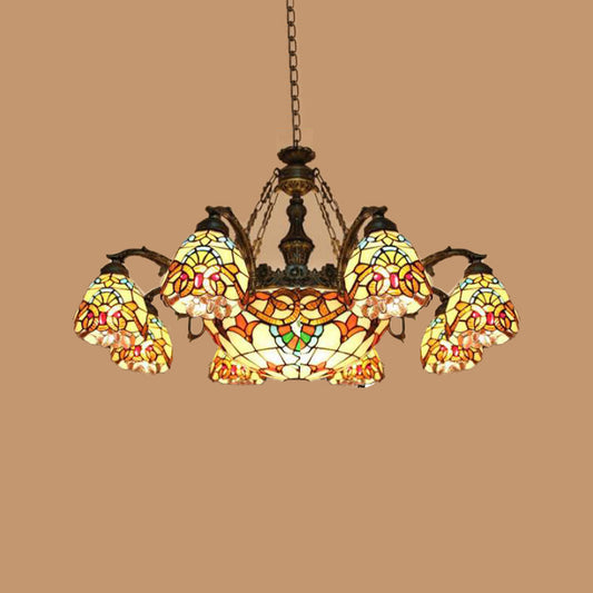 8/11 Lights Living Room Ceiling Chandelier Mediterranean Brown Pendant Lamp with Flower Stained Glass Shade 8 Brown Clearhalo 'Ceiling Lights' 'Chandeliers' 'Industrial' 'Middle Century Chandeliers' 'Tiffany Chandeliers' 'Tiffany close to ceiling' 'Tiffany' Lighting' 295936