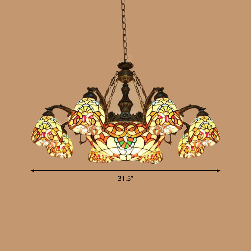 8/11 Lights Living Room Ceiling Chandelier Mediterranean Brown Pendant Lamp with Flower Stained Glass Shade Clearhalo 'Ceiling Lights' 'Chandeliers' 'Industrial' 'Middle Century Chandeliers' 'Tiffany Chandeliers' 'Tiffany close to ceiling' 'Tiffany' Lighting' 295937