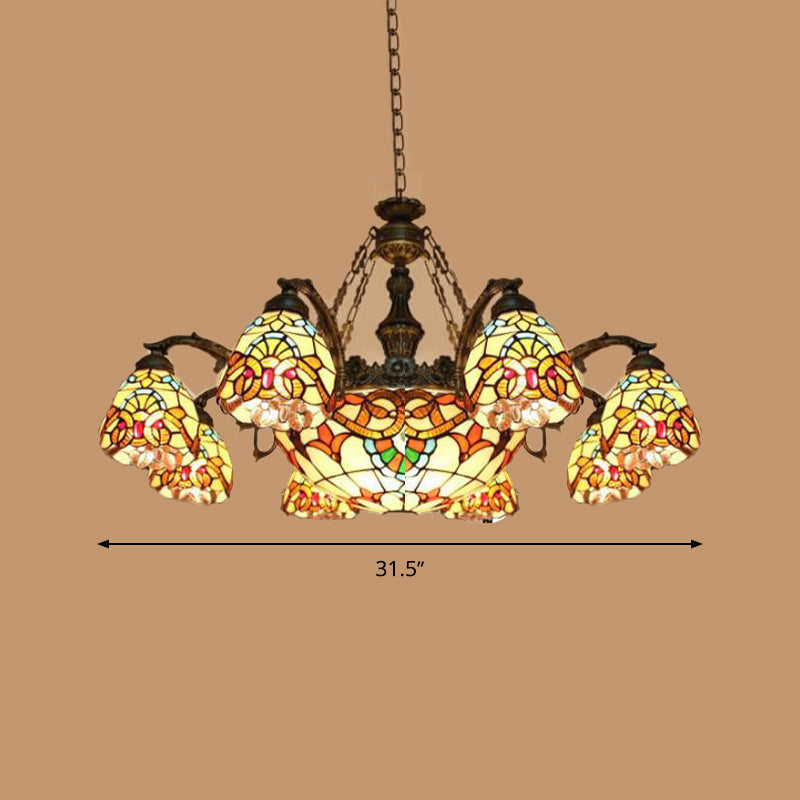 8/11 Lights Living Room Ceiling Chandelier Mediterranean Brown Pendant Lamp with Flower Stained Glass Shade Clearhalo 'Ceiling Lights' 'Chandeliers' 'Industrial' 'Middle Century Chandeliers' 'Tiffany Chandeliers' 'Tiffany close to ceiling' 'Tiffany' Lighting' 295937