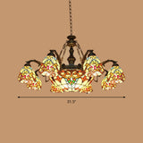 8/11 Lights Living Room Ceiling Chandelier Mediterranean Brown Pendant Lamp with Flower Stained Glass Shade Clearhalo 'Ceiling Lights' 'Chandeliers' 'Industrial' 'Middle Century Chandeliers' 'Tiffany Chandeliers' 'Tiffany close to ceiling' 'Tiffany' Lighting' 295937